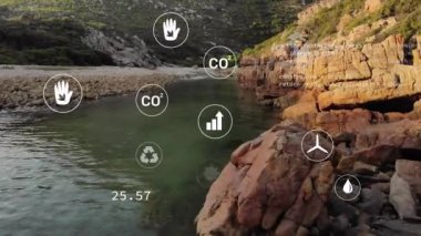Animation of sustainability and ecology icons over landscape. Ecology, sustainability and data processing concept digitally generated video