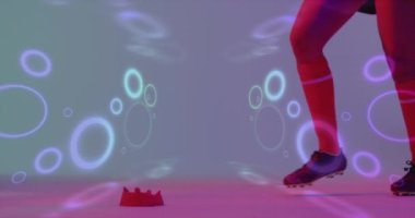 Animation of neon pattern over female rugby player on neon background. Sports and communication concept digitally generated video.