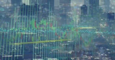 Animation of financial and statistical data processing against aerial view of cityscape. Global finance and business technology concept
