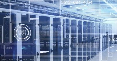 Animation of interface with data processing against computer server room. Computer interface and business data storage technology concept
