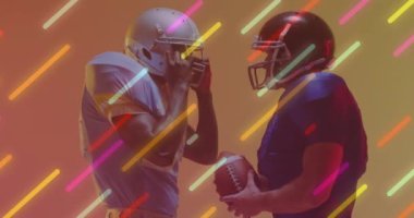 Animation of neon lines over american football players on neon background. Sports, competition and communication concept digitally generated video.