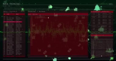 Animation of digital screen with programming languages over multiple icons connected with lines. Digitally generated, multiple exposure, coding, database, web page, internet, technology, futuristic.