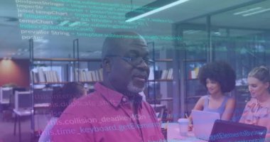 Animation of data processing over diverse business people. Global business, finances, computing and data processing concept digitally generated video.