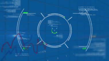 Animation of data processing scope scanning over statistical data processing against blue background. Computer interface and business data technology concept