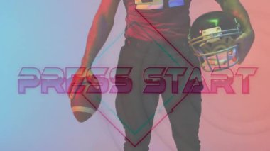Animation of press start text over american football player and neon diamonds. Sports and communication concept digitally generated video.