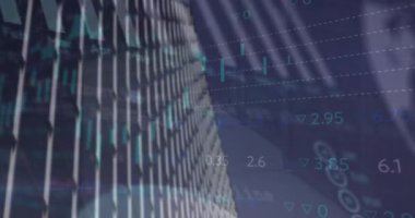 Animation of statistical data processing against low angle view of tall building. Business data technology concept