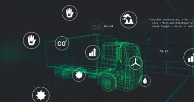 Animation of multiple digital icons over 3d truck model in seamless pattern and data processing. Automobile engineering and business technology concept