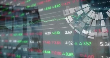 Animation of globe with financial data processing over cityscape. Global business, finances and digital interface concept digitally generated video.