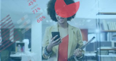 Animation of financial data processing over biracial businesswoman. Global business, finances, computing and data processing concept digitally generated video.