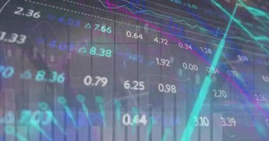 Animation of scope scanning with financial data processing over cityscape. Global business, finances and digital interface concept digitally generated video.