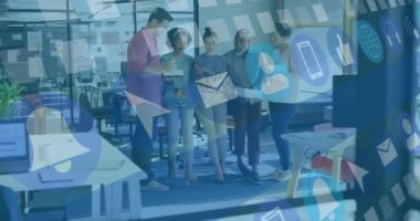 Animation of data processing over diverse business people working in office. Global business, finances, computing and data processing concept digitally generated video.