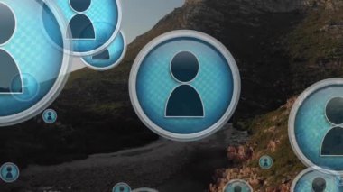 Animation of social media people icons over landscape. Global social media, business, finances, computing and data processing concept digitally generated video