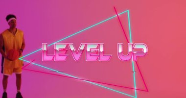 Animation of level up text and neon lines over basketball player on neon background. Sports, competition and communication concept digitally generated video.