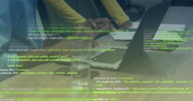 Animation of data processing over diverse business people. Global business, finances, computing and data processing concept digitally generated video.