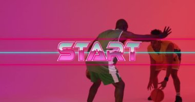 Animation of start text and neon lines over basketball players on neon background. Sports, competition and communication concept digitally generated video.