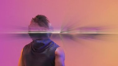 Animation of level up text over basketball player on neon background. Sports and communication concept digitally generated video.