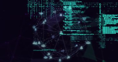 Animation of globe with network of connections and data processing. Global networks, computing and data processing concept digitally generated video.