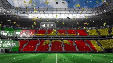 Animation of social media icons and confetti over crowd cameroon flag in stands at sports stadium. Social media networking and sports concept