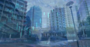 Animation of statistical data processing against tall buildings in the city. Global networking and business data technology concept