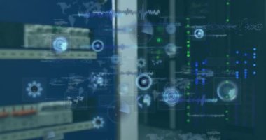 Animation of round scanners and data processing against computer server room. Computer interface and business data technology concept