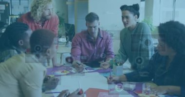 Animation of financial data processing over diverse business people. Global business, finances, computing and data processing concept digitally generated video