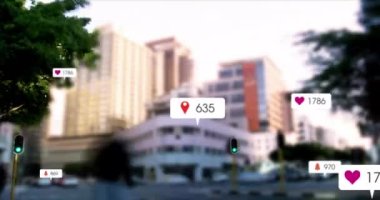 Animation of multiple social media icons against time-lapse of city traffic. Social media networking and business technology concept