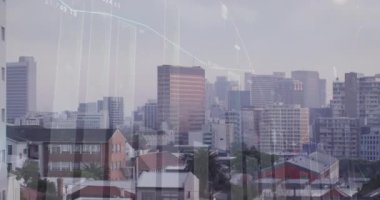Animation of statistical data processing against aerial view of cityscape. Business data and analytics technology concept
