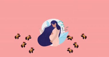 Animation of pregnant woman with long hair touching belly and butterflies flying on pink background. Digitally generated, illustration, abdomen, positive emotion, affection, flower.