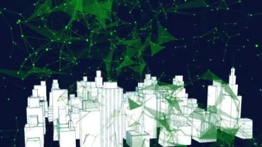 Animation of digital city over network of connections on black background. Global technology and digital interface concept digitally generated video.