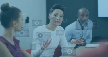 Animation of financial data processing over diverse business people. Global business, finances, computing and data processing concept digitally generated video