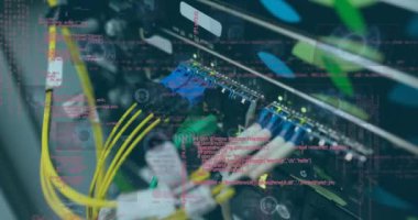 Animation of round scanners and data processing against close up of a computer server. Computer interface and business data technology concept