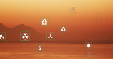 Animation of sustainability and ecology icons over landscape. Ecology, sustainability and data processing concept digitally generated video