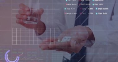 Animation of stock market data processing over mid section of businessman talking medical pills. Global economy and business technology concept