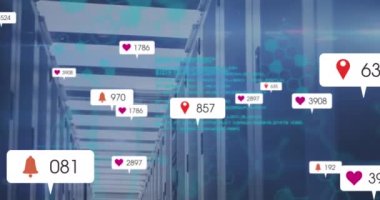 Animation of multiple social media icons and data processing against computer server room. Social media networking and business data storage technology concept