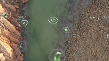 Animation of sustainability and ecology icons over landscape. Ecology, sustainability and data processing concept digitally generated video
