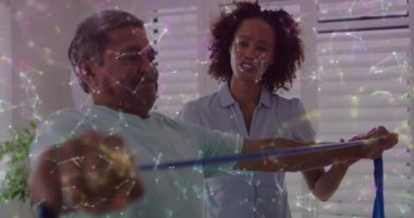 Animation of connections over diverse doctor and patient exercising. Medicine, healthcare and lifestyle concept digitally generated video.
