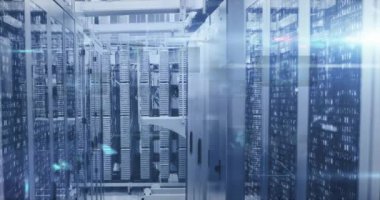 Animation of computer data processing over computer servers. Global computing and data processing concept digitally generated video.