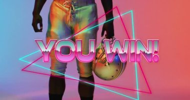 Animation of you win text and neon shapes over american football player on neon background. Sports, competition and communication concept digitally generated video.