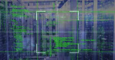 Animation of data processing and scope scanning over computer server room. Computer interface and business data storage technology concept
