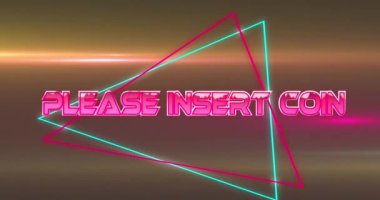 Animation of please insert coin text and shapes over light trails on black background. Social media and retro digital interface concept digitally generated video.