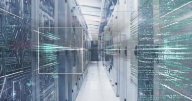 Animation of computer data processing over computer servers. Global computing and data processing concept digitally generated video.