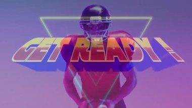 Animation of get ready text over american football player and neon triangles. Sports and communication concept digitally generated video.