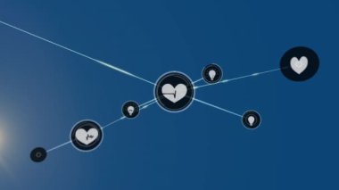 Animation of network of connections with icons over blue background. Global networks, business, finances, computing and data processing concept digitally generated video.