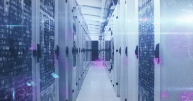 Animation of multiple 6g text against mosaic squares over computer server room. Global networking and business data storage technology concept