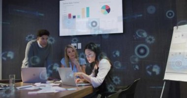 Animation of financial data processing over diverse business people. Global business, finances, computing and data processing concept digitally generated video