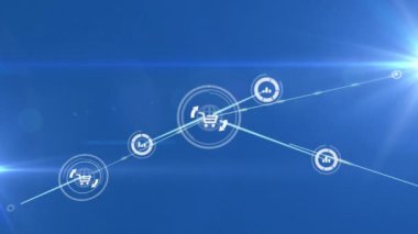Animation of network of connections with icons over blue background. Global networks, business, finances, computing and data processing concept digitally generated video.