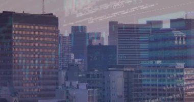 Animation of statistical data processing against aerial view of cityscape. Business data and analytics technology concept