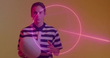 Animation of neon pattern over female rugby player on neon background. Sports and communication concept digitally generated video.