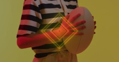 Animation of neon lights over female rugby player holding ball. Sports and competition concept digitally generated video.