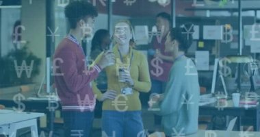 Animation of data processing over diverse business people working in office. Global business, finances, computing and data processing concept digitally generated video.